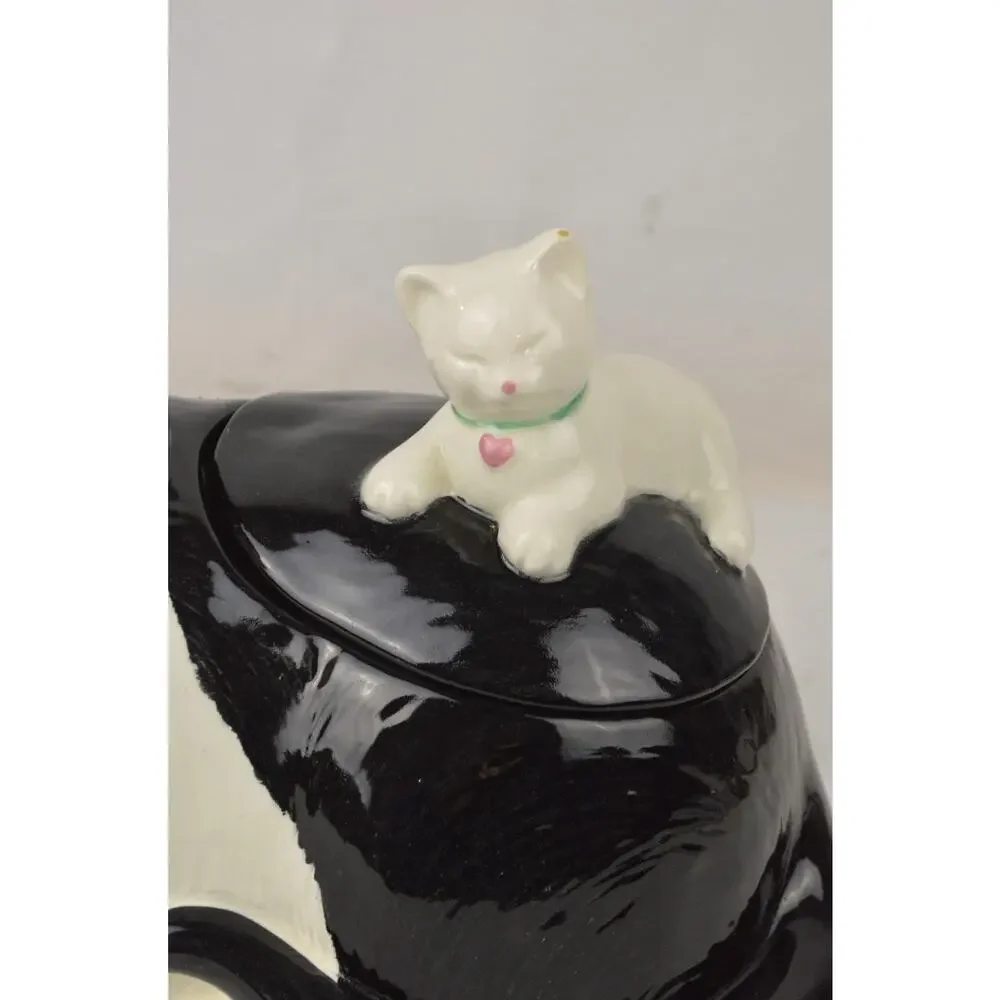 Vintage Tuxedo Cat Cookie Jar Mama Kitty w/ Baby Kitten Lid